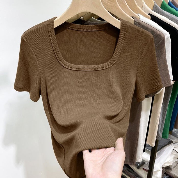 Modal Square Collar Short-sleeved T-shirt Women's 2023 New Summer Low Collar Thread Base Shirt Inner Slim-fit Top ins - Image 1