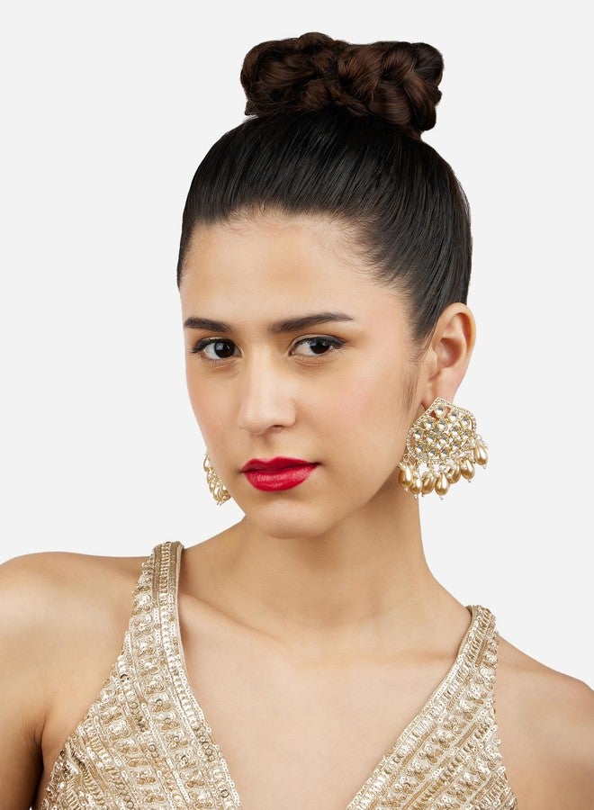 Zaveri Pearls أقراط متدلية من اللؤلؤ زافيري مطلية بالذهب، مرصعة بالألماس النمساوي والكوندان والخرز للنساء - ZPFK17170 - Image 4
