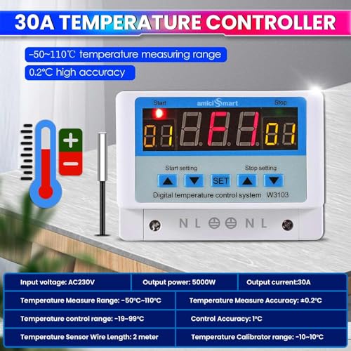 amiciSmart W3103 Digital Temperature Controller 230V AC | 30A Thermostat Switch with Sensor | -19 to 99℃ Temp Control | 5000W Output for Industrial & Home Use - Image 2
