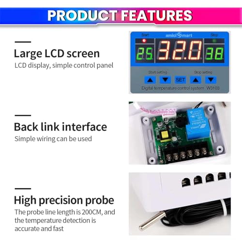 amiciSmart W3103 Digital Temperature Controller 230V AC | 30A Thermostat Switch with Sensor | -19 to 99℃ Temp Control | 5000W Output for Industrial & Home Use - Image 4