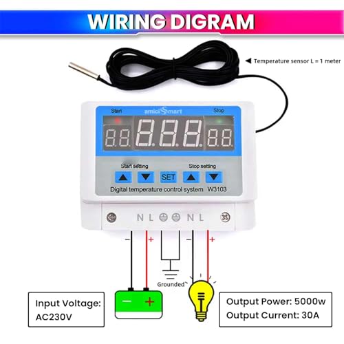 amiciSmart W3103 Digital Temperature Controller 230V AC | 30A Thermostat Switch with Sensor | -19 to 99℃ Temp Control | 5000W Output for Industrial & Home Use - Image 3