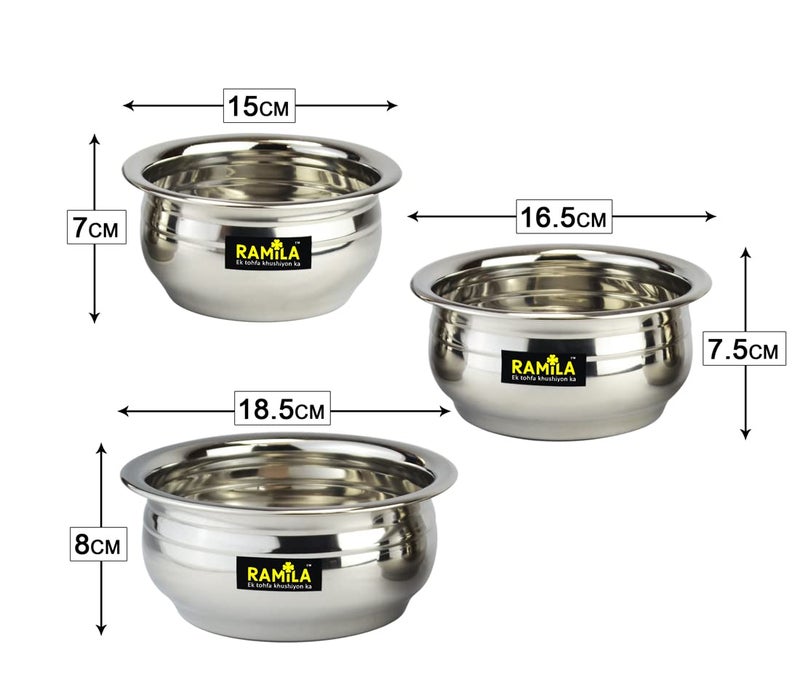 Ramila Brand Stainless Steel Handi Set with Lid PotBowl Set of 3 Induction Bottom Patila Tope for Serving and Cooking for Cookware Set - Image 2