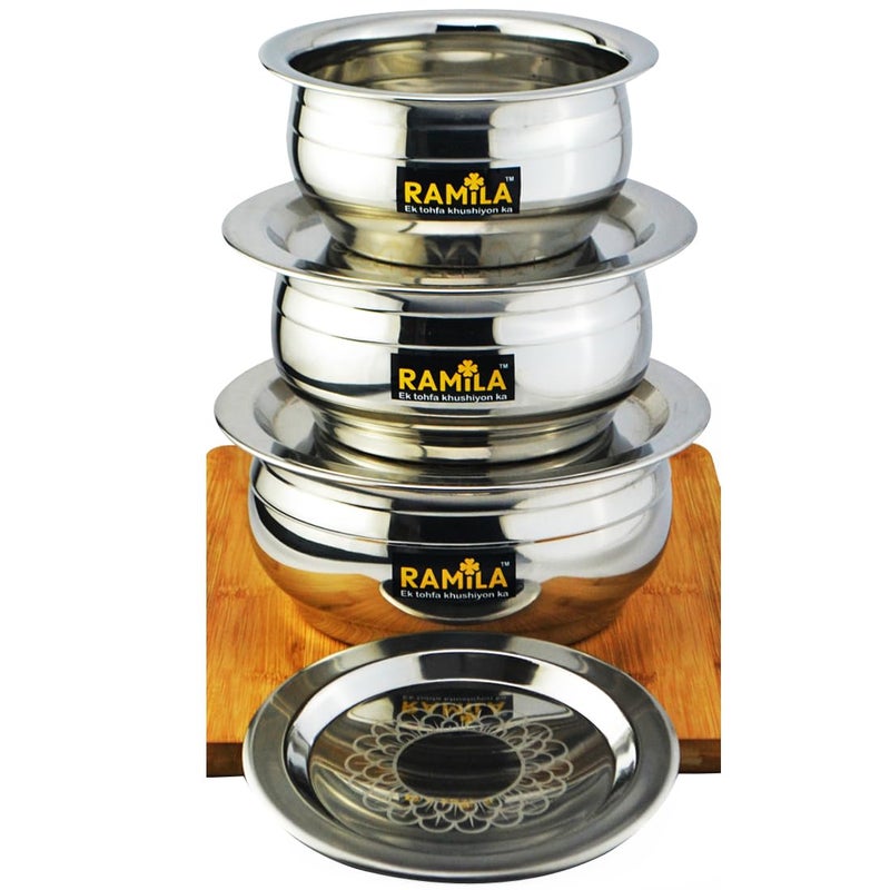 Ramila Brand Stainless Steel Handi Set with Lid PotBowl Set of 3 Induction Bottom Patila Tope for Serving and Cooking for Cookware Set - Image 1