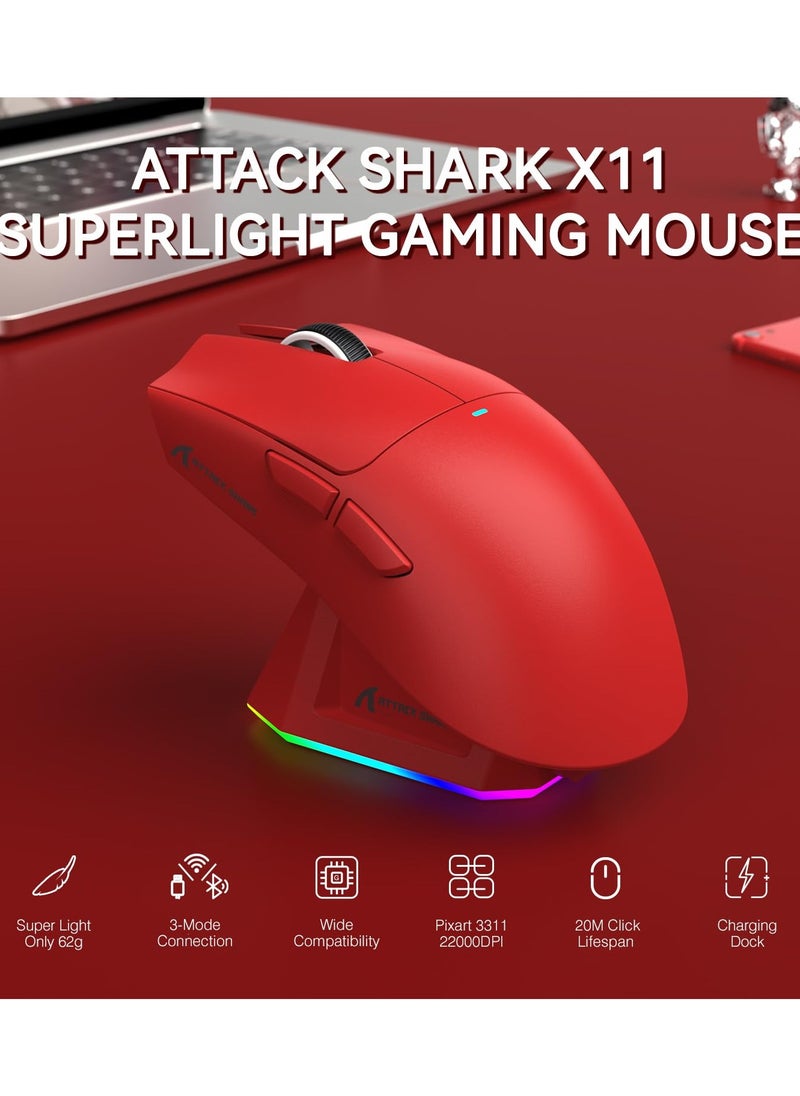 Attack Shark X11 Lightweight Wireless Gaming Mouse with RGB Charging Dock,Tri-Mode-2.4G/USB-C Wired/BT,22K DPI,PAW3311 Optical Sensor,HUYU Switch, 5 programmable Buttons for PC/Mac(Red)  - Image 2