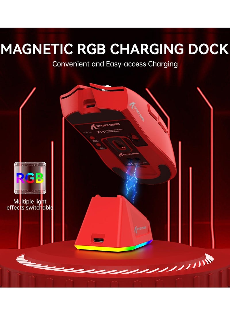 Attack Shark X11 Lightweight Wireless Gaming Mouse with RGB Charging Dock,Tri-Mode-2.4G/USB-C Wired/BT,22K DPI,PAW3311 Optical Sensor,HUYU Switch, 5 programmable Buttons for PC/Mac(Red)  - Image 4