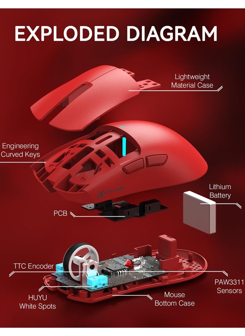 Attack Shark - X11 Lightweight Wireless Gaming Mouse with RGB Charging Dock,Tri-Mode-2.4G/USB-C Wired/BT,22K DPI,PAW3311 Optical Sensor,HUYU Switch, 5 programmable Buttons for PC/Mac(Red) - Image 1