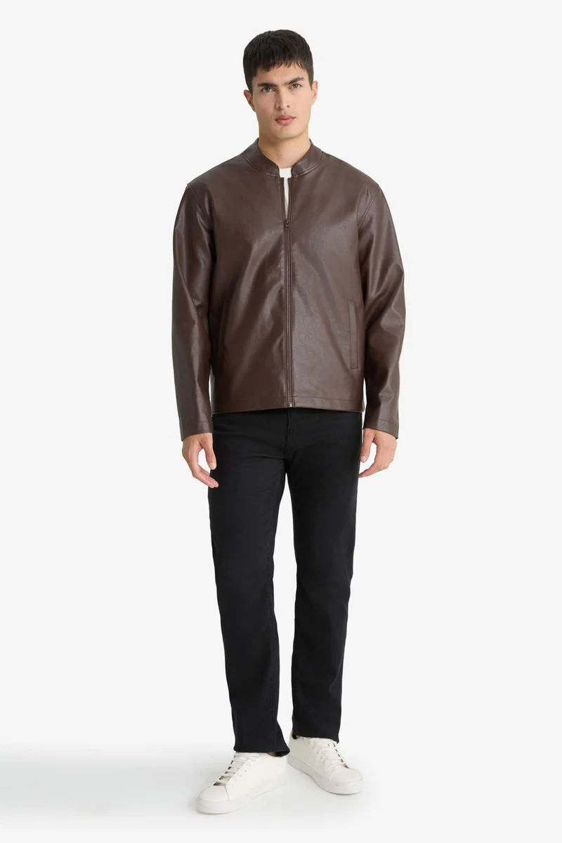 ديفاكتو Slim Fit Stand Collar Waterproof Faux Leather Jacket