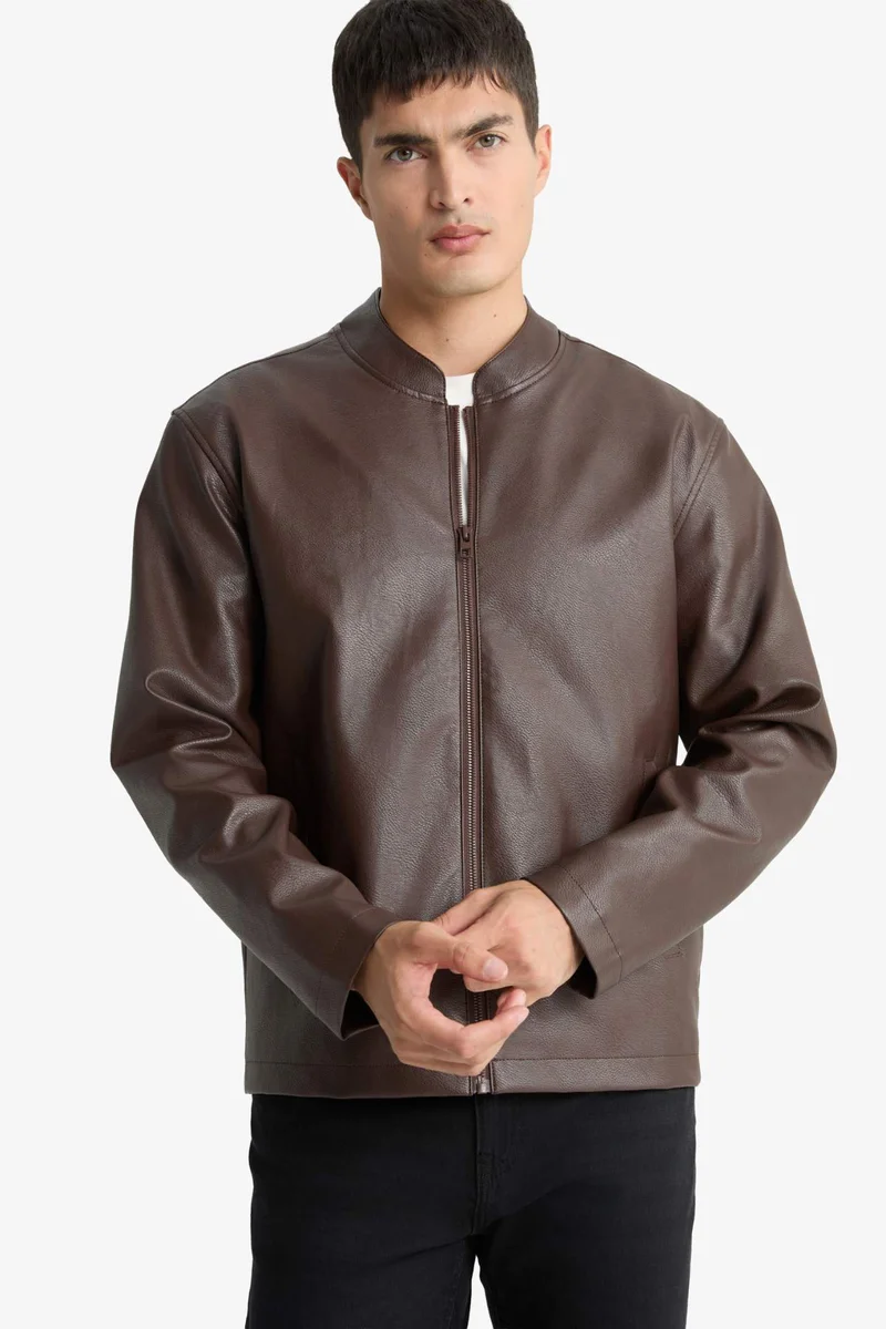 ديفاكتو Slim Fit Stand Collar Waterproof Faux Leather Jacket