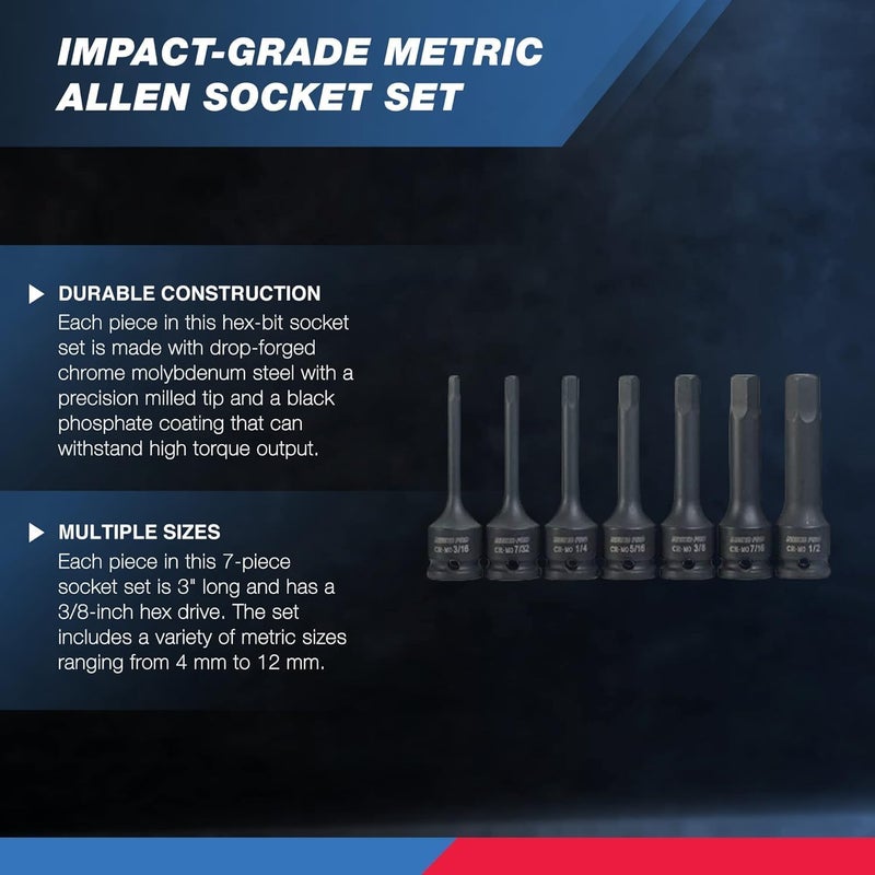 Neiko NEIKO 01130B 3/8" Drive Allen Socket Set, 7 Piece, 3 Inch, 3/8” Impact Hex Bit Socket Set, Metric Hex Driver 4 mm to 12 mm, Chrome-Moly Cr-Mo Impact Grade  - Image 2