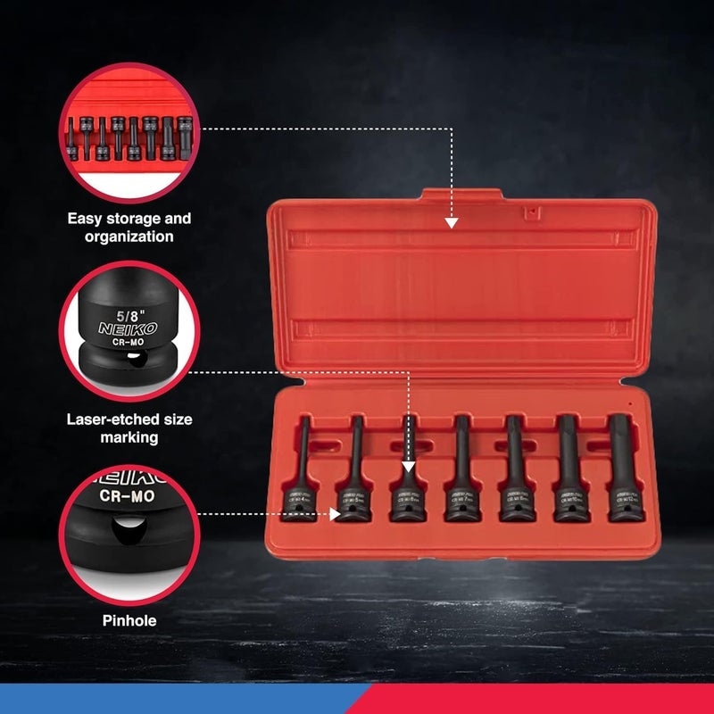 Neiko NEIKO 01130B 3/8" Drive Allen Socket Set, 7 Piece, 3 Inch, 3/8” Impact Hex Bit Socket Set, Metric Hex Driver 4 mm to 12 mm, Chrome-Moly Cr-Mo Impact Grade  - Image 4