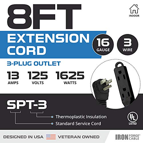 Iron Forge Cable 8 ft Flat Plug Black Extension Cord with 3 Outlets - 16/3 SJTW 3 Prong Indoor Extension Cord with Multiple Outlets - Image 2