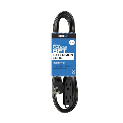 Iron Forge Cable 8 ft Flat Plug Black Extension Cord with 3 Outlets - 16/3 SJTW 3 Prong Indoor Extension Cord with Multiple Outlets - Image 1