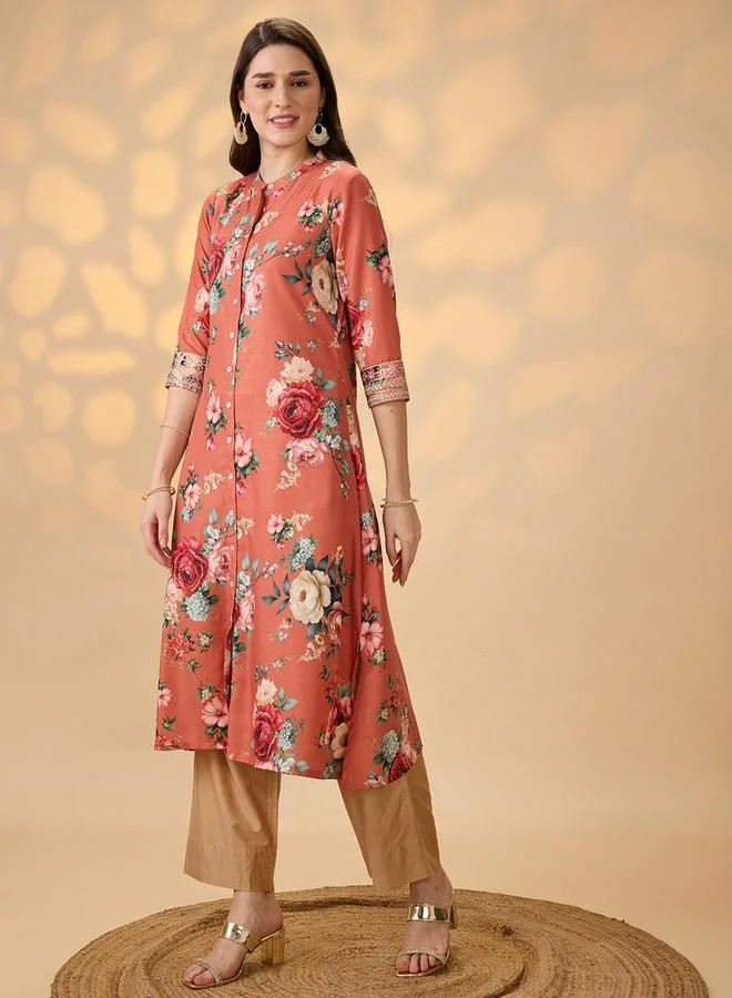 جلو باص كورتا احتفالية بحافة واسعة وأزرار أمامية بطبعة زهور