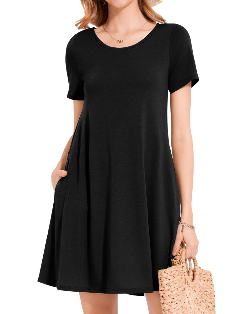elescat Fall Dresses for Women Casual with Pockets Summer Mini Beach Sundress Short Sleeve Loose Fit(Black,M) - Image 2