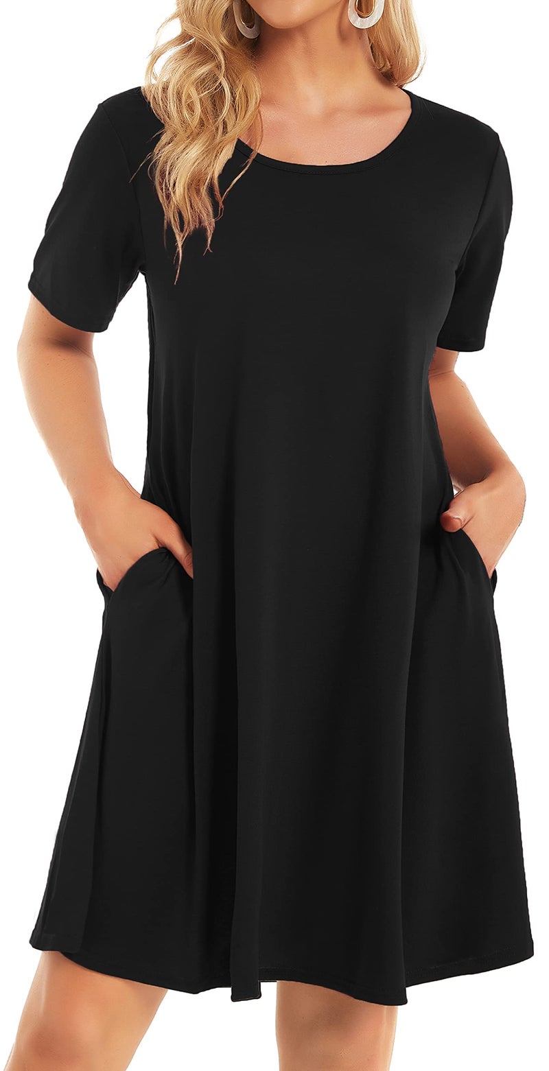 elescat Fall Dresses for Women Casual with Pockets Summer Mini Beach Sundress Short Sleeve Loose Fit(Black,M) - Image 1