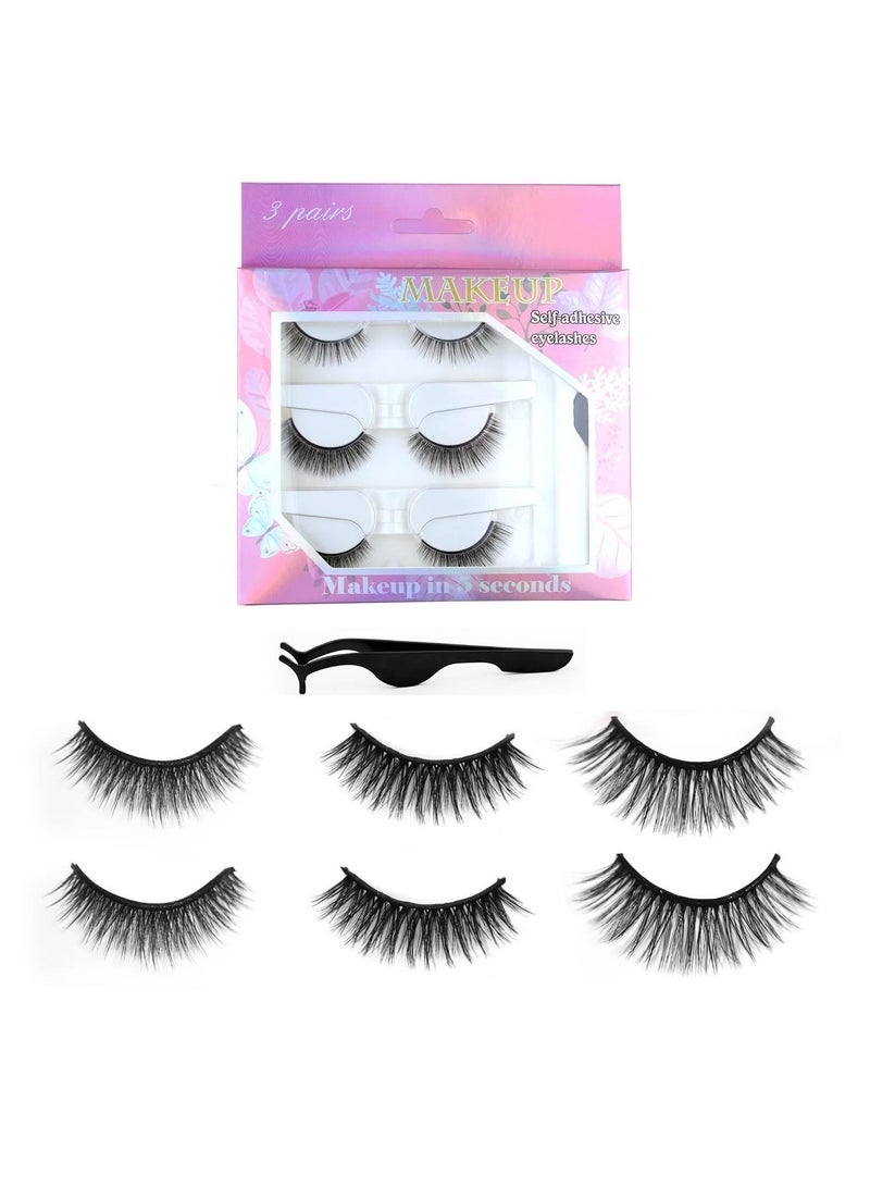 Excefore False Eyelashes, 3 Styles Reusable Self Adhesive Eyelashes, No Eyeliner or Glue Needed, Stable False Lashes Natural Look, Stable and Easy to Put On, with Tweezers for Women Girls Gift - Image 1