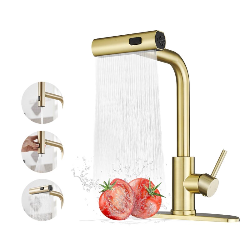 JOOM Gold Kitchen Faucets with Pull Down Sprayer,Waterfall Kitchen Sink Faucet,Commercial Utility Stainless Steel Kitchen Faucets,Single Handle Kitchen Sink Faucet with Pull Down Sprayer for 3 Function - Image 1