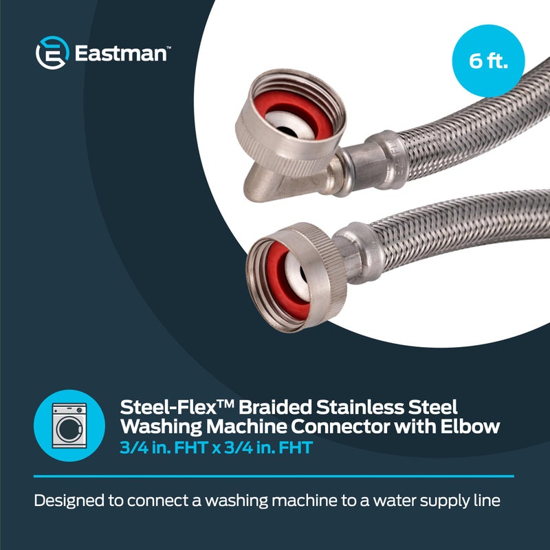 Eastman Eastman Washing Machine Connector, 3/4 Inch FHT Connection, 90 Degree Elbow, 6 Foot Braided Stainless Steel Washing Machine Hoses, 48375  - Image 2