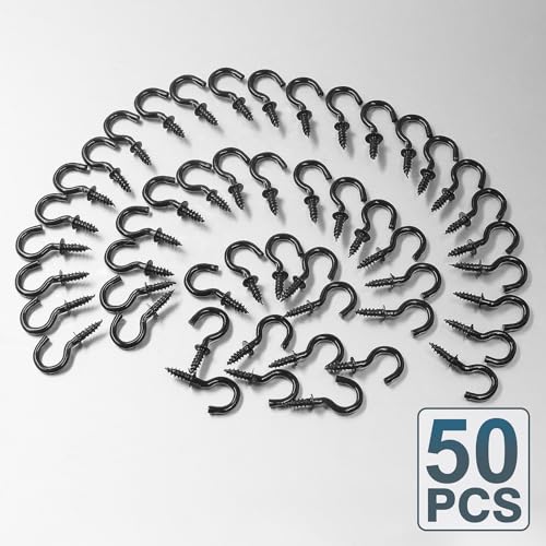 Jamiikury 50pcs 1/2 Inch Cup Hooks - Black, Nickel Plated Metal Screw-in Ceiling Hooks - Image 5