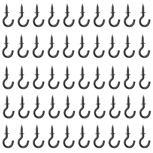 Jamiikury 50pcs 1/2 Inch Cup Hooks - Black, Nickel Plated Metal Screw-in Ceiling Hooks - Image 1