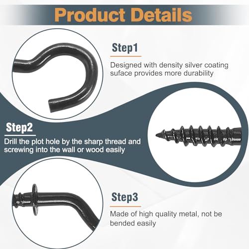 Jamiikury 50pcs 1/2 Inch Cup Hooks - Black, Nickel Plated Metal Screw-in Ceiling Hooks - Image 2