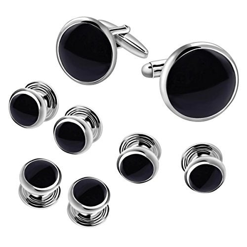 IPINK-Mens Cufflinks and Studs Set Tuxedo Formal Kit Shirts Business Wedding (Black) - Image 1