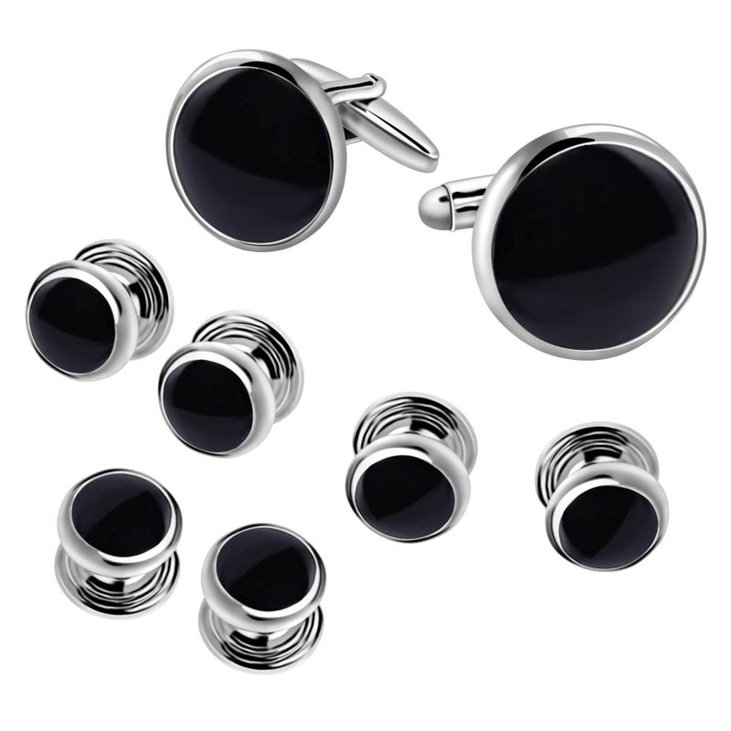 IPINK-Mens Cufflinks and Studs Set Tuxedo Formal Kit Shirts Business Wedding (Black) - Image 5
