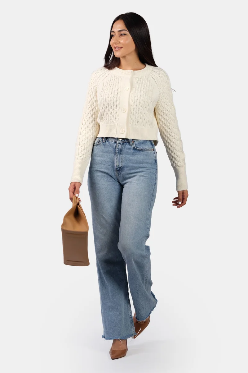 فيرجيو Self Design Cotton Cable Knit Crop Cardigan for Women