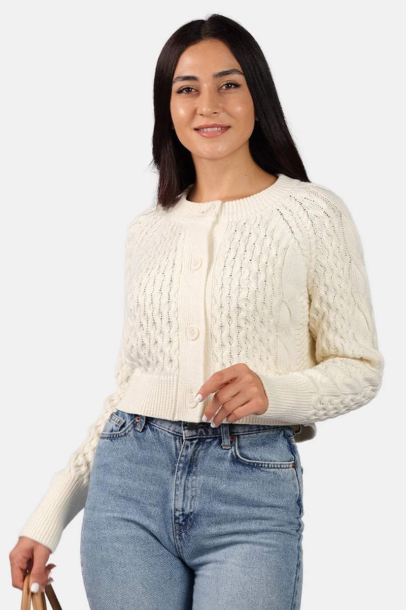 Virgio Self Design Cotton Cable Knit Crop Cardigan for Women