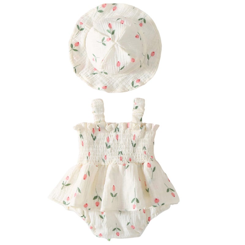 Mubineo Baby Girl Clothes Summer Dress Cotton Linen Romper Sleeveless Smocked Rompers Sun Dress Hat Skirt Boho Outfits (Cream White, 3-6 Months) - Image 1