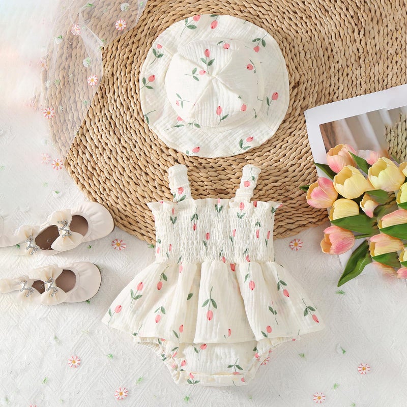 Mubineo Baby Girl Clothes Summer Dress Cotton Linen Romper Sleeveless Smocked Rompers Sun Dress Hat Skirt Boho Outfits (Cream White, 3-6 Months) - Image 3