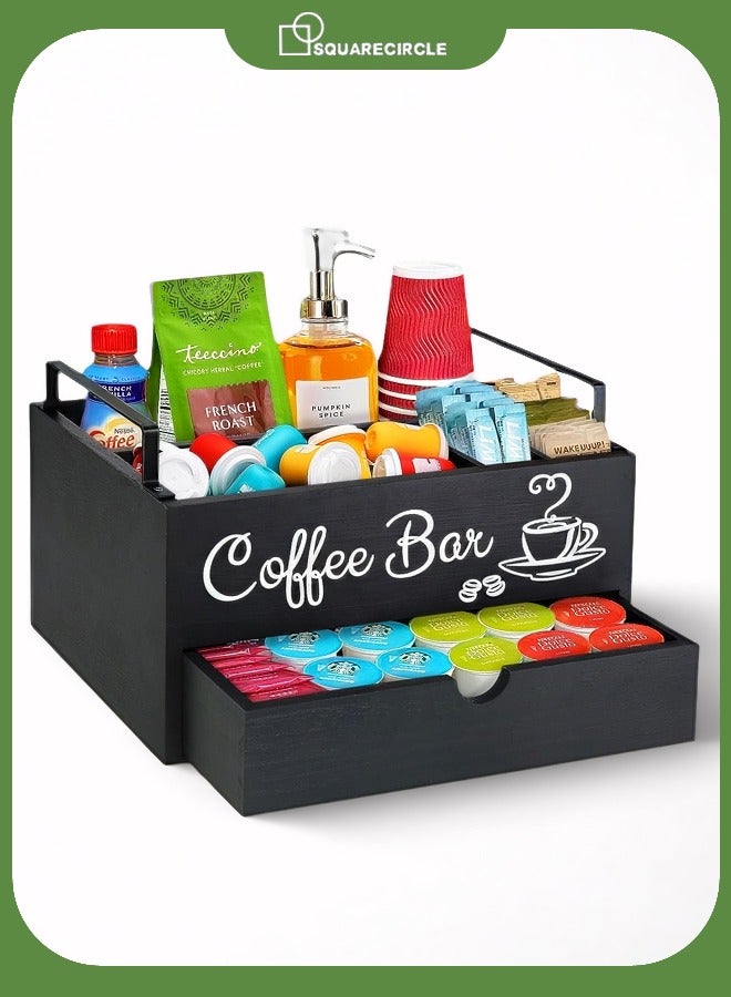 Squarecircle Wooden Coffee Bar Organizer with Drawer and Handle Coffee Storage Coffee Capsule Storage Box- Farmhouse Decor Coffee Station Storage for Coffee Cups, Pods, and Condiments - Countertop Accessories Organizer for Home and Office.  - Image 1