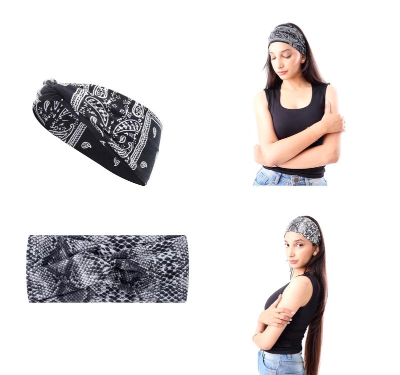 Future Tabs Animal Print Wide Bandana Knot Headband - Snake print Head Hair Wrap Cloth For Men & Women | Stretchable & Comfortable Headbands For Yoga, Jogging and Gym Grey & Black combo - Image 1