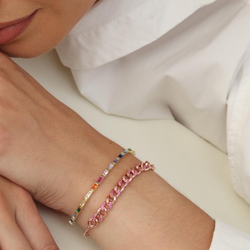 AFFY 14k Yellow Gold Plated 925 Sterling Silver Colourful Bar Setting Rainbow Baguette Sparkling Multi Color Sapphire Gemstone Tennis Bracelet, Jewelry for womens - 6.5" L - Image 5