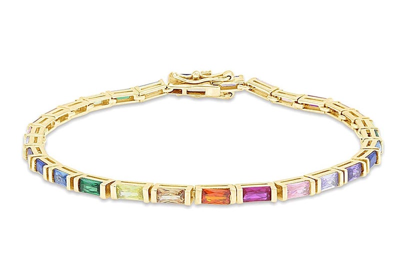 AFFY 14k Yellow Gold Plated 925 Sterling Silver Colourful Bar Setting Rainbow Baguette Sparkling Multi Color Sapphire Gemstone Tennis Bracelet, Jewelry for womens - 6.5" L - Image 1
