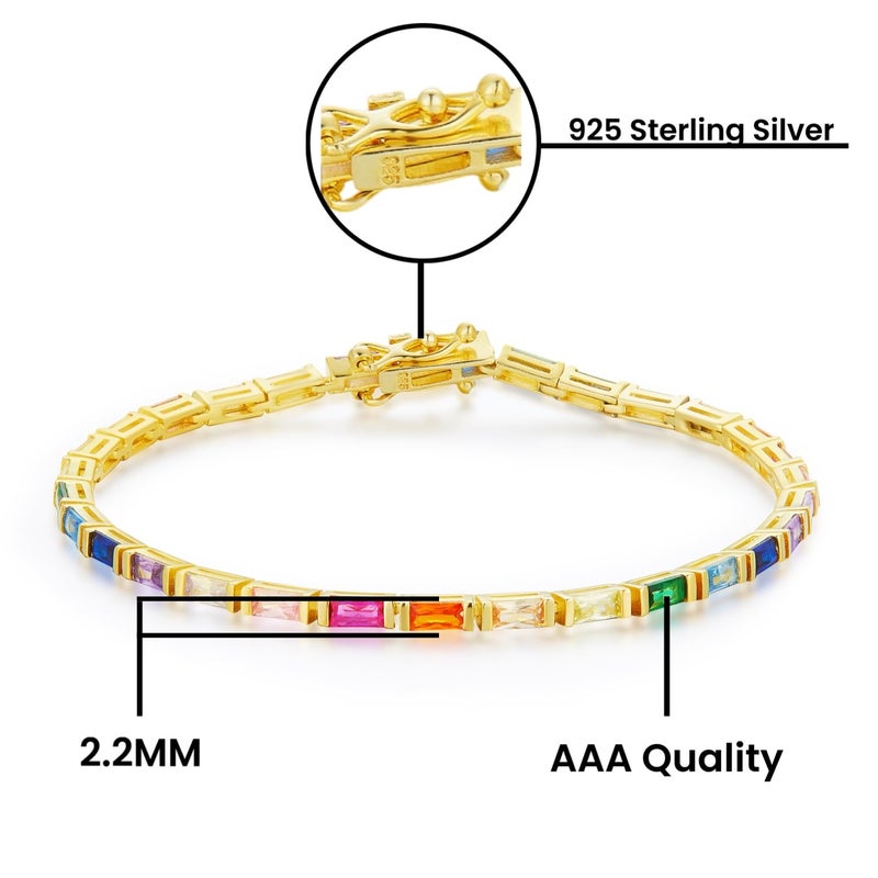 AFFY 14k Yellow Gold Plated 925 Sterling Silver Colourful Bar Setting Rainbow Baguette Sparkling Multi Color Sapphire Gemstone Tennis Bracelet, Jewelry for womens - 6.5" L - Image 2