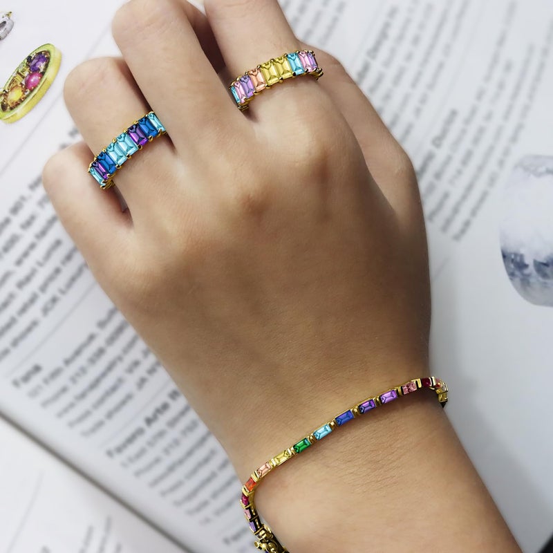 AFFY 14k Yellow Gold Plated 925 Sterling Silver Colourful Bar Setting Rainbow Baguette Sparkling Multi Color Sapphire Gemstone Tennis Bracelet, Jewelry for womens - 6.5" L - Image 3