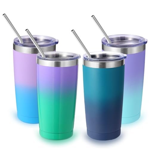 Volhoply 20oz Stainless Steel Tumbler with Lid and Straw Bulk 4 PackDouble Wall Insulated Travel Iced Coffee Mug Fits Cup holderPowder Coated Cups for HotCold DrinksGifts for WomenAssorted4 Set - Image 1