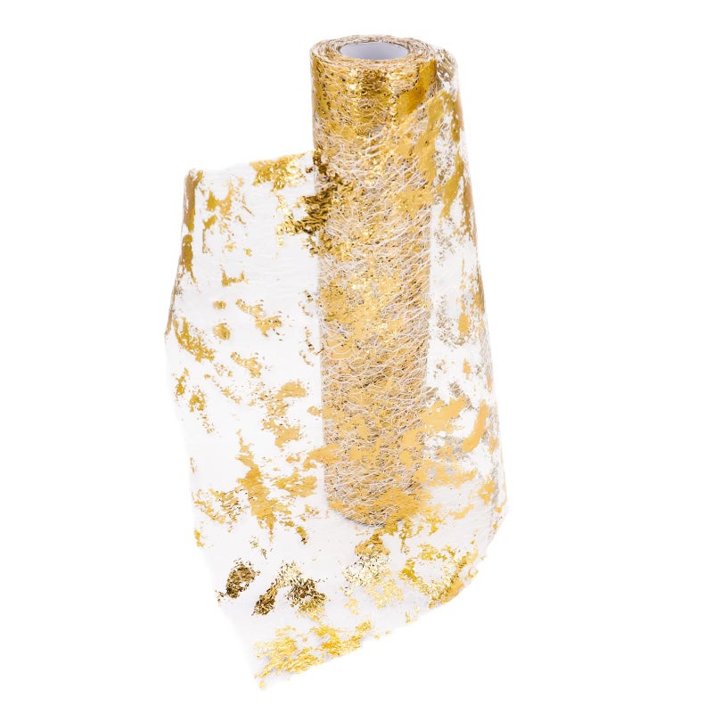 Tendry Gold Table Runner Roll 11"x394",Glitter Metallic Foil Thin Mesh Table Runner, Gold Table Decorations for Party, Celebrations, Birthdays, Weddings, Christmas, Baby Showers, DIY, etc - Image 1