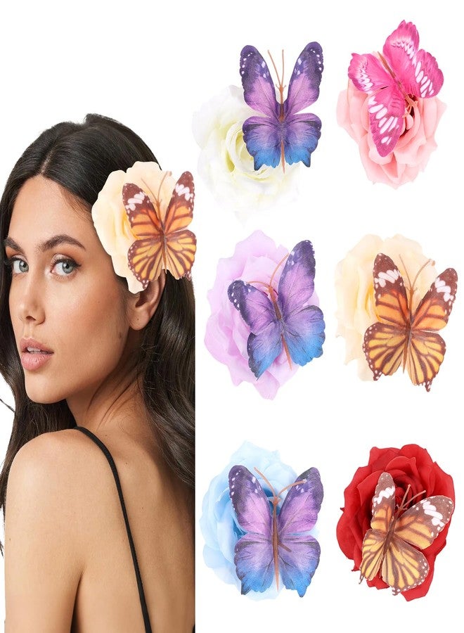 CAVETEE Flowers Hair Accessories for Women, Butterfly Rose Hair Barrettes Hawaiian Silk Floral Clips for Women