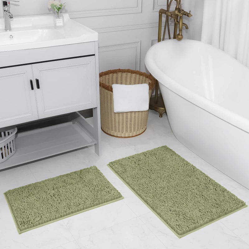 ITSOFT 2pc NonSlip Shaggy Chenille Bathroom Mat Set Includes 24 x 16 Inches Bath Rug and 32 x 20 Inches Bathmat Water Absorbent Carpet Sage Green