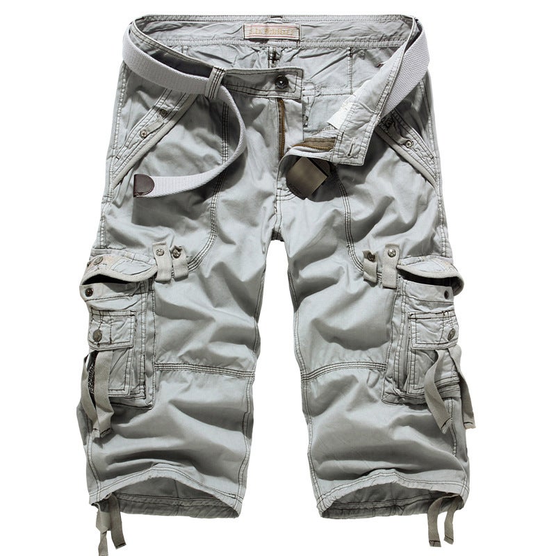 Summer New Loose Multi-Pocket Retro Workwear Cotton Casual Trendy Mens Large Pocket Cargo Pants White gray