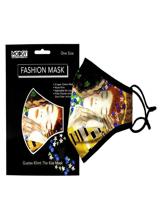 MODGY Fashion Mask 3-Layer Cloth Face Masks with Filter Pocket Insert, Nose Wire, Adjustable Ear Loops, Breathable, Reusable, Washable, Women, Men, Adults, Klimt The Kiss - Image 1