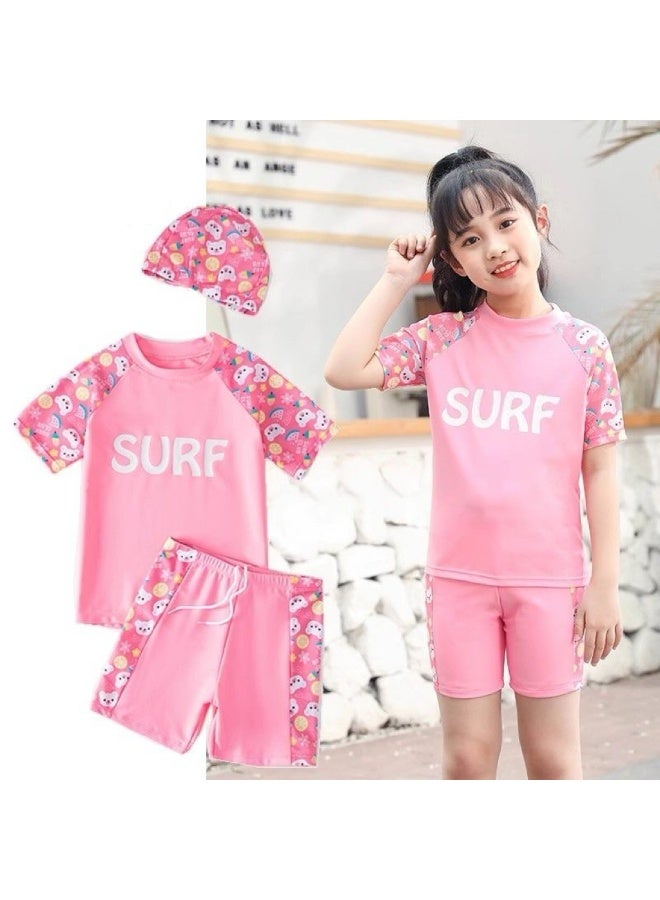 3 Piece Kids Swimsuit with Cap Set for Girls, Swimwear Children Swimming Trunks Short Sleeves Clothing Beachwear Bathing Suit for Summer, 100-110cm  - Image 2