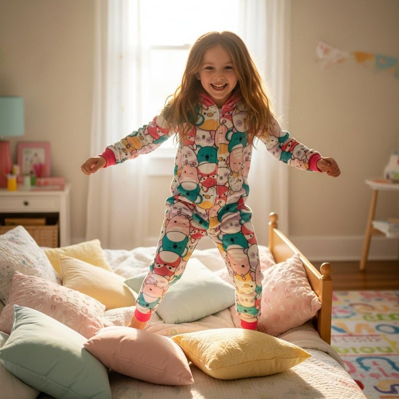Squishmallows Girls Onesie Pajamas - Long Sleeve Zip Up Hooded Blanket Sleep - One Piece Costume - Official License - Image 2