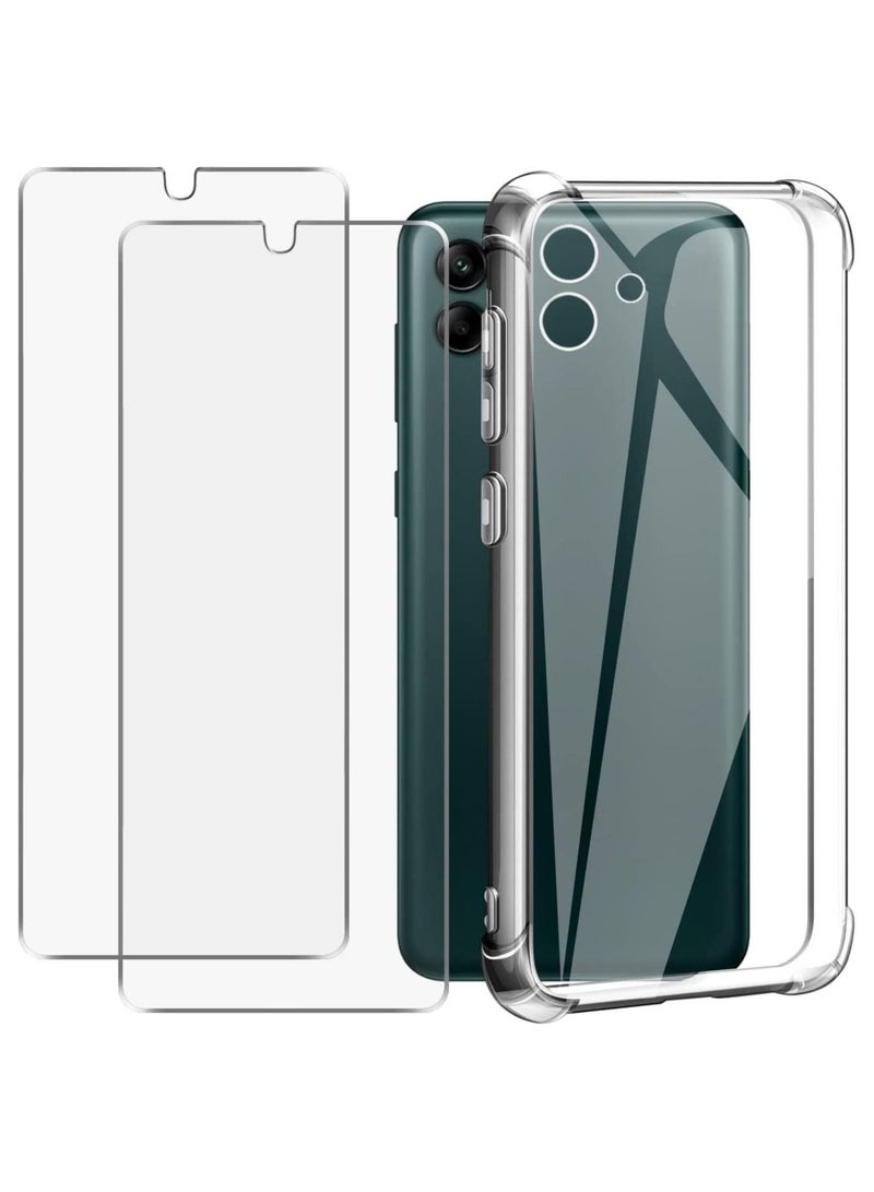 حافظة سامسونج جالاكسي A04e وواقٍ زجاجي مقسى [عبوة 2] غطاء سيليكون TPU ناعم للحماية، حافظة هاتف شفافة مقاومة للصدمات لجهاز سامسونج جالاكسي A04E