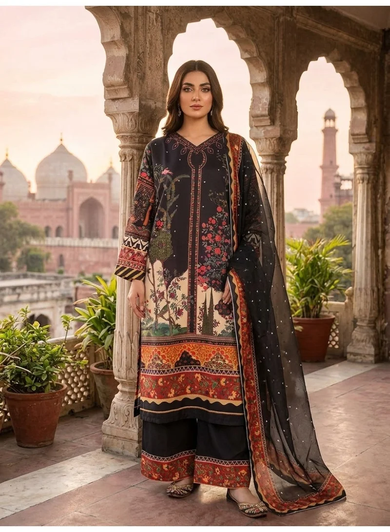 Women's 3-Piece Black Printed Traditional Kurta Set with Dupatta