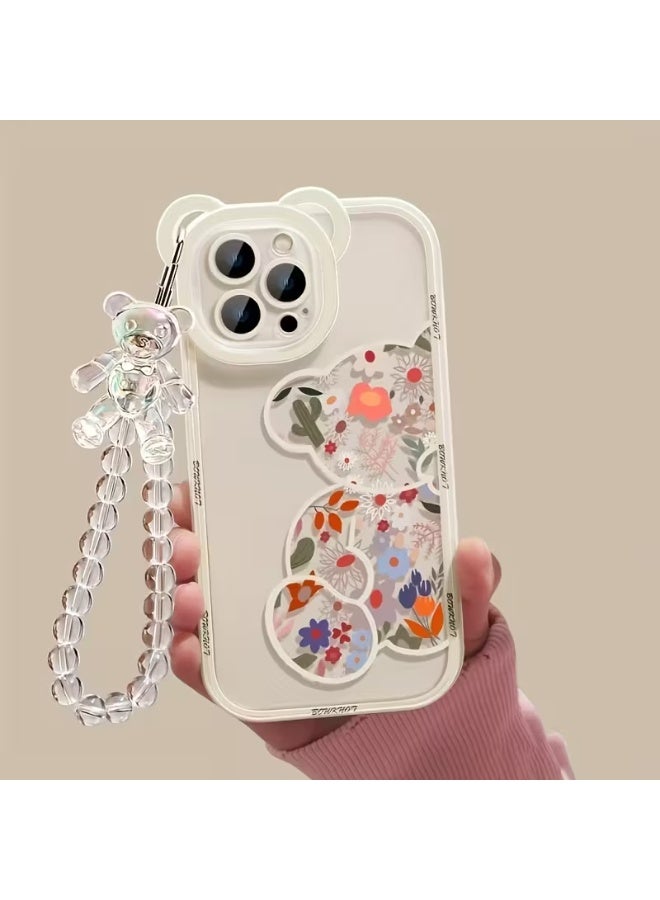 Temu A white phone case with a 3D floral bear design and ears over the camera, featuring a soft, shockproof, and scratch-resistant design compatible with iPhone 14 Pro.