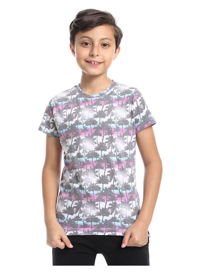 Andora Tropical Vibes Grey, White, Pink & Baby Blue Slip On Tee  - Image 4