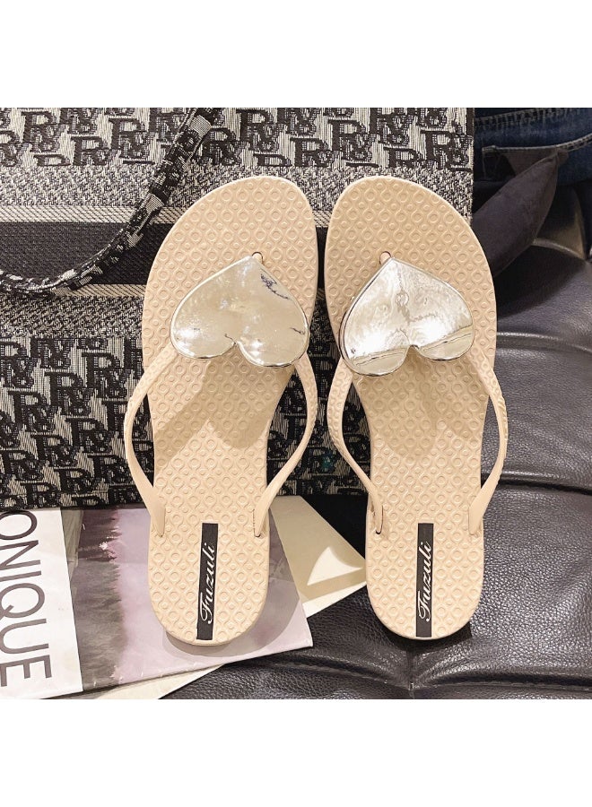 NIBEMINENT Summer  Women's Fashion Sweet Heart Thong Slippers Flat Bottom Sandals Beach Holiday Beachwear Outdoor Flip Flops  - Image 1
